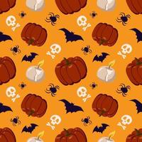 Seamless pattern with pumpkins, candles, spiders, bats and skulls vector