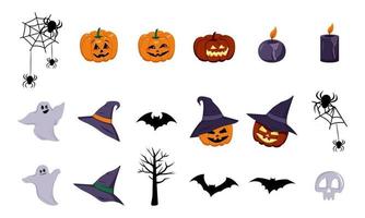 elementos festivos para halloween. faroles de calabazas con rostros y sombreros, fantasmas con sonrisas, murciélago negro y araña tejiendo telarañas, velas encendidas y una calavera. iconos para vacaciones, fiesta de terror, cumpleaños vector