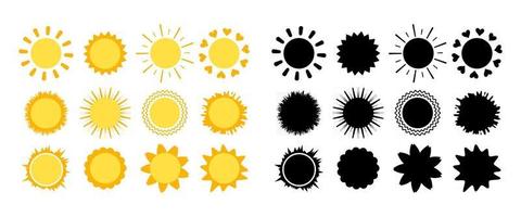 Sun icons set with rays of different shapes and black silhouette isolated on white background. Yellow symbol of spring, summer and weather vector