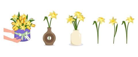 Hands hold a round box of flowers. Bouquet delivery. Daffodils in a vase. Set of spring and summer plants, vector decoration