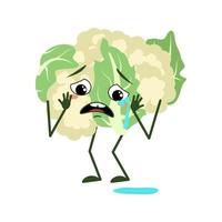 Cute cauliflower character with crying and tears emotions, face, arms and legs. The funny or sad green food hero, vegetable cabbage. vector