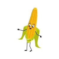 Cute corn cob character with joyful emotions, happy face, smile eyes, arms and legs. Funny yellow vegetable vector