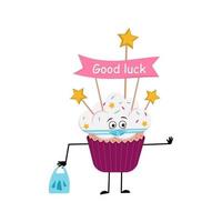 Cute cupcake character with emotions, face in a mask keep at a distance, hands with a shopping bag and a stop gesture. Sweet food with decorations, festive dessert vector