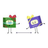 Cute character gift box for new year with bow and sad emotions, face and mask keep distance, arms and legs. Festive packaging for Christmas vector