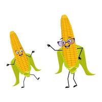Cute corn cob character with joyful emotions, happy face, smile eyes, arms and legs. Funny yellow vegetable, grandmother with glasses and grandson vector