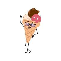 Cute ice cream character with glasses and joyful emotions, smile face, happy eyes, arms and legs. Sweet food, dessert waffle cup vector