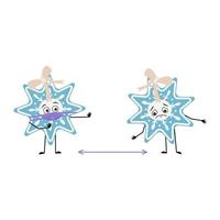 Cute Christmas snowflake with sad emotions, face and mask keep distance, arms and legs. Joyful New Year festive decoration with eyes vector