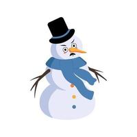 lindo muñeco de nieve navideño con emociones enojadas, cara de mal humor, brazos y piernas. alegre decoración festiva de año nuevo con expresión furiosa vector