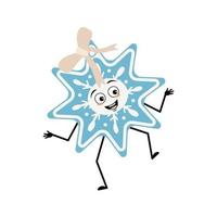 Cute Christmas snowflake with happy emotions, dancing, smile, hands and feet. Joyful New Year festive decoration with eyes vector