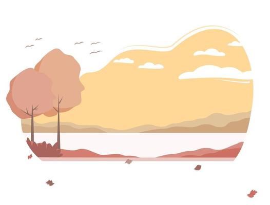 Autumn landscape with trees, lake and mountains. Background in orange colours. Park and nature