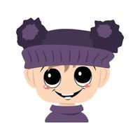 Avatar of a child with big eyes and a wide happy smile in a violet hat with a pom pom. Head of a toddler with a joyful face vector