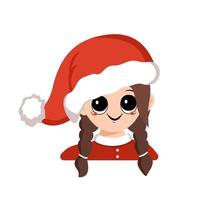 Avatar of a girl with big eyes and a wide happy smile in a red Santa hat. Cute kid with a joyful face in a festive costume for New Year and Christmas. Head of adorable child with joyful emotions vector