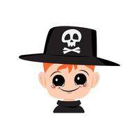 avatar de un niño con cabello rojo, ojos grandes y una amplia sonrisa feliz con un sombrero con una calavera. la cabeza de un niño con rostro alegre. decoración de fiesta de halloween vector