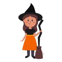 linda chica en traje de bruja con escoba para halloween vector