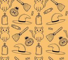 halloween seamles pattern with cat, broom and hat vector