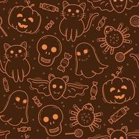 Doodle orange vector Halloween items seamless pattern