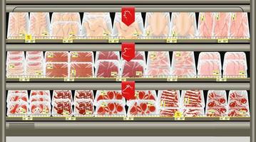 Fresh meat packed in trays on the counter of the butcher store. vector