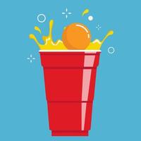 Red beer pong illustration. Plastic cup and ball with splashing beer. vector