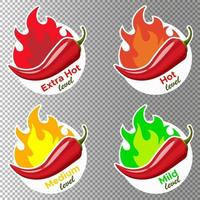 Icons with Chili Pepper Spice Levels. Hot pepper with fire flame vector