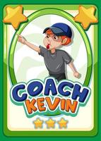 plantilla de tarjeta de juego de personajes con entrenador de palabras kevin vector