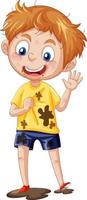 A boy wears dirty t-shirt with a mud puddle vector