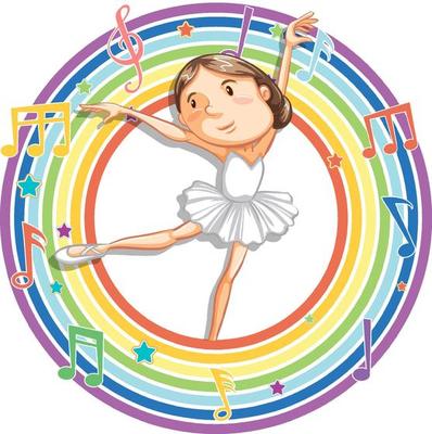 Ballerina in rainbow round frame with melody symbols