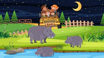 Safari at night scene with many kids watching hippopotamus group vector