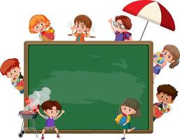 Empty blackboard with many children cartoon character vector