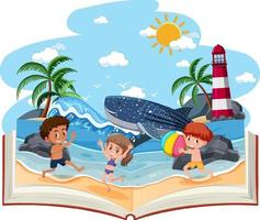 Open book with happy children on the beach vector