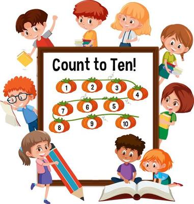 Count to ten number board with many kids doing different activities