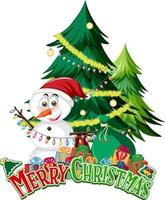 Merry Christmas text banner with Snowman and Christmas tree vector