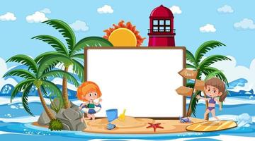 Kids on vacation at the beach daytime scene with an empty banner template vector