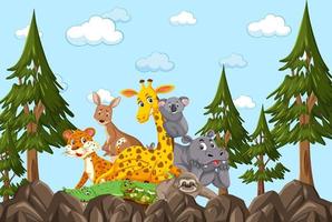 Wild animals group in the forest scene vector