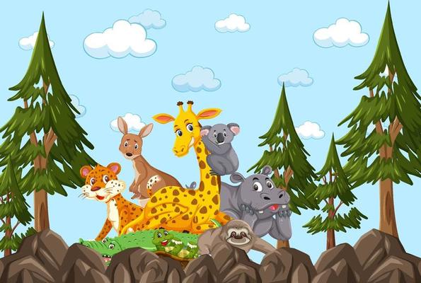 Wild animals group in the forest scene