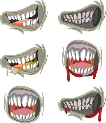 Set of many creepy zombie mouth with teeth