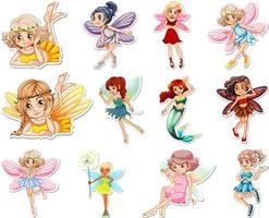 Set of stickers with beautiful fairies and mermaid cartoon character vector