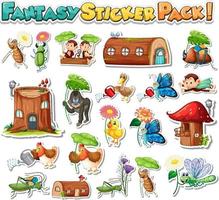 Sticker set with different fantasy cartoon characters vector