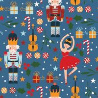 Seamless  pattern with nutcracker ballerina violin gift boxes leaves vector