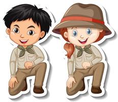 par de niños en traje de safari pegatina de personaje de dibujos animados vector