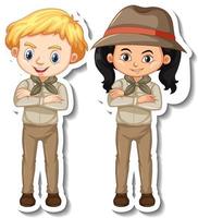 Couple of kids in safari outfit cartoon character sticker vector
