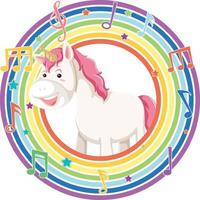 Unicorn in rainbow round frame with melody symbol vector