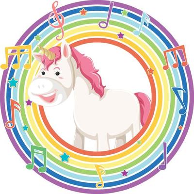 Unicorn in rainbow round frame with melody symbol