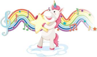 unicornio parado en la nube con símbolos de melodía en la onda del arco iris vector