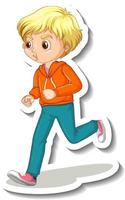 Pegatina de personaje de dibujos animados con un niño trotando sobre fondo blanco. vector
