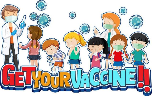 Get Your Vaccine font with many kids waiting in queue to get covid-19 vaccine