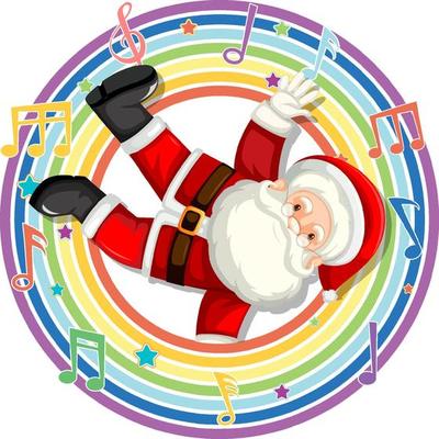 Santa Claus in rainbow round frame with melody symbols