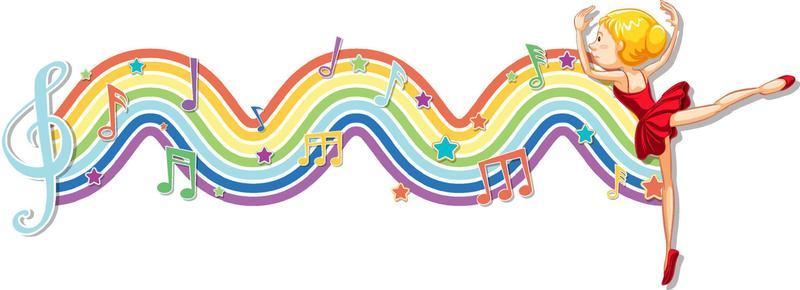 Ballerina with melody symbols on rainbow wave