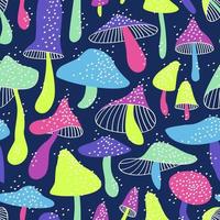 Seamless pattern from bright neon mushrooms on a dark background vector