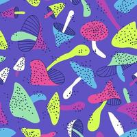 Seamless pattern of bright neon mushrooms scattered vector