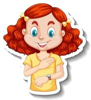 Sticker a girl cartoon character looking at wristwatch vector